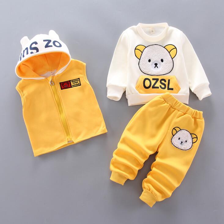 Baby Boys And Girls Clothing Set Tricken Fleece Children Hooded Outerwear Tops Pants 3PCS Outfits Kids Toddler Warm Costume Suit