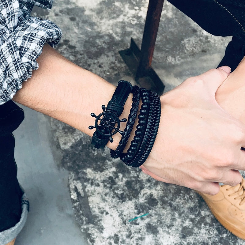 4Pcs/ Set Braided Wrap Leather Bracelets for Men Vintage Life Tree Rudder Charm Wood Beads Ethnic Tribal Wristbands