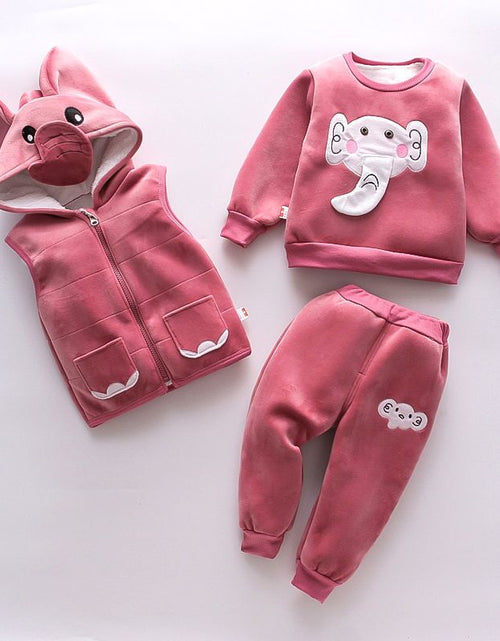 Load image into Gallery viewer, Baby Girls Clothing Set Autumn Winter Velvet Thick Warm Casual Hooded Sweater Cartoon Elephant 3Pcs Toddler Boys Clothes Suit
