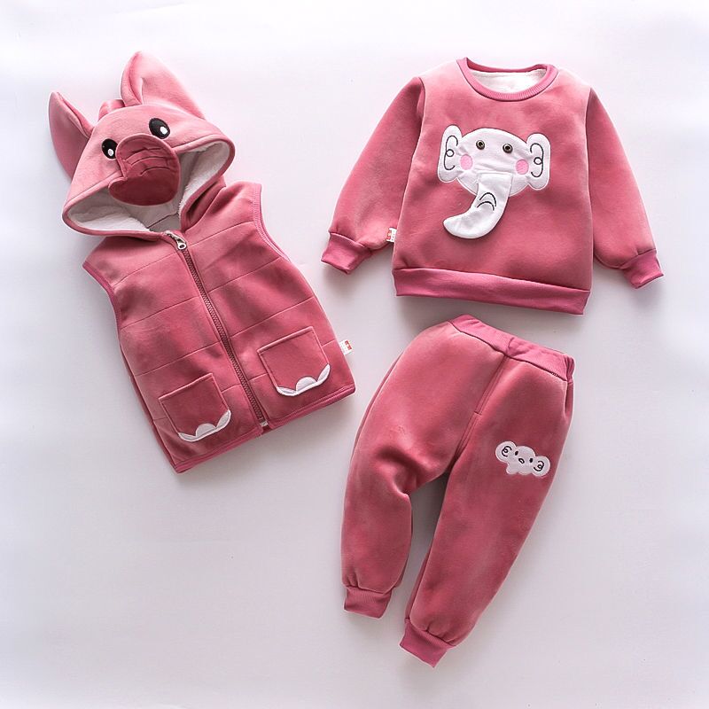 Baby Girls Clothing Set Autumn Winter Velvet Thick Warm Casual Hooded Sweater Cartoon Elephant 3Pcs Toddler Boys Clothes Suit