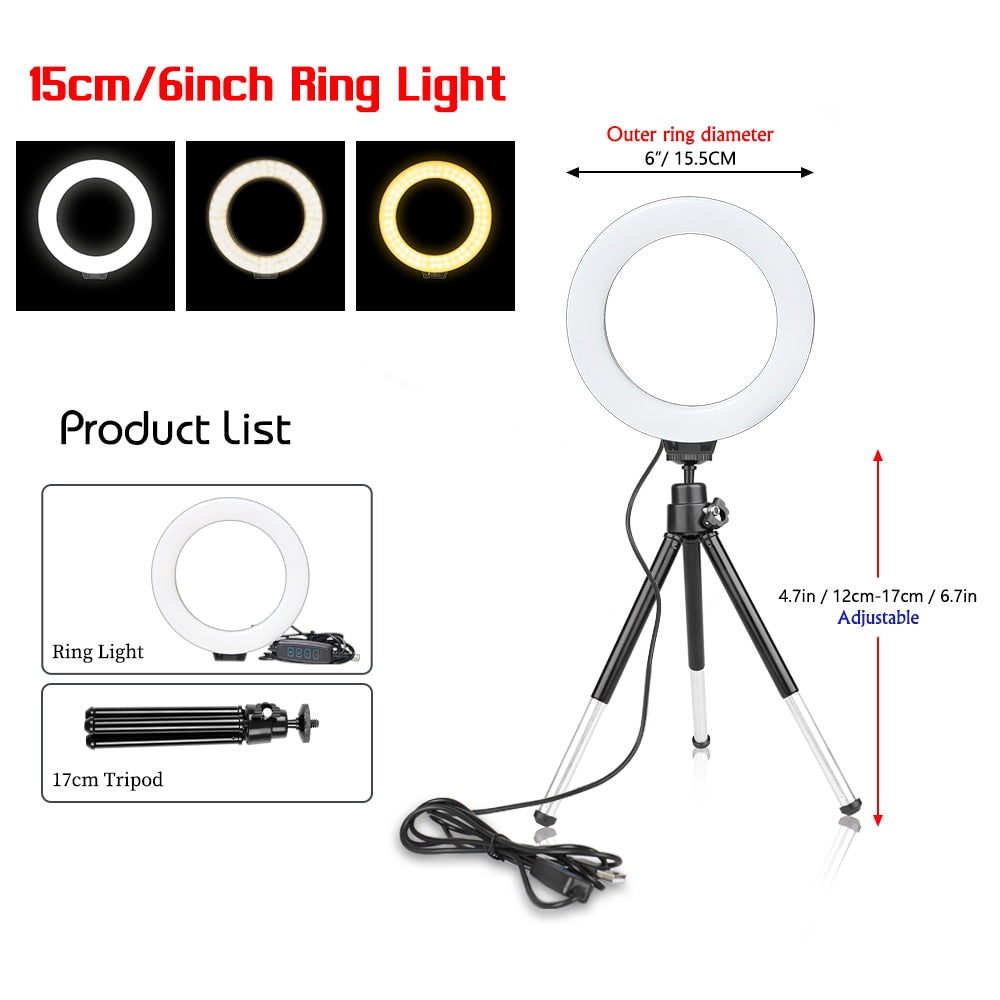 16cm 6 inch Ring Light With Tripod Stand Usb Charge Selfie Led Lamp Dimmable Photography Light For Photo Photography Studio