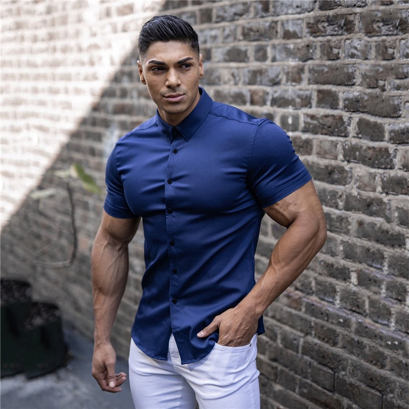 Summer Fashion Short Sleeve Shirt Men Super Slim Fit Male Casual Social Business Dress Shirt Brand Men Fitness Sports Clothing