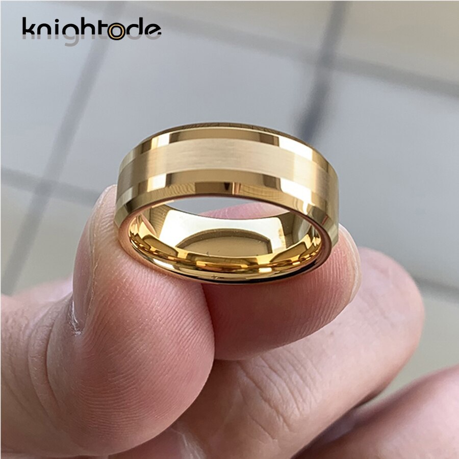 6mm 8mm Gold Tungsten Carbide Wedding Band For Men Women  Engagement Ring Center Brushed Beveled Edges Polished Comfort Fit