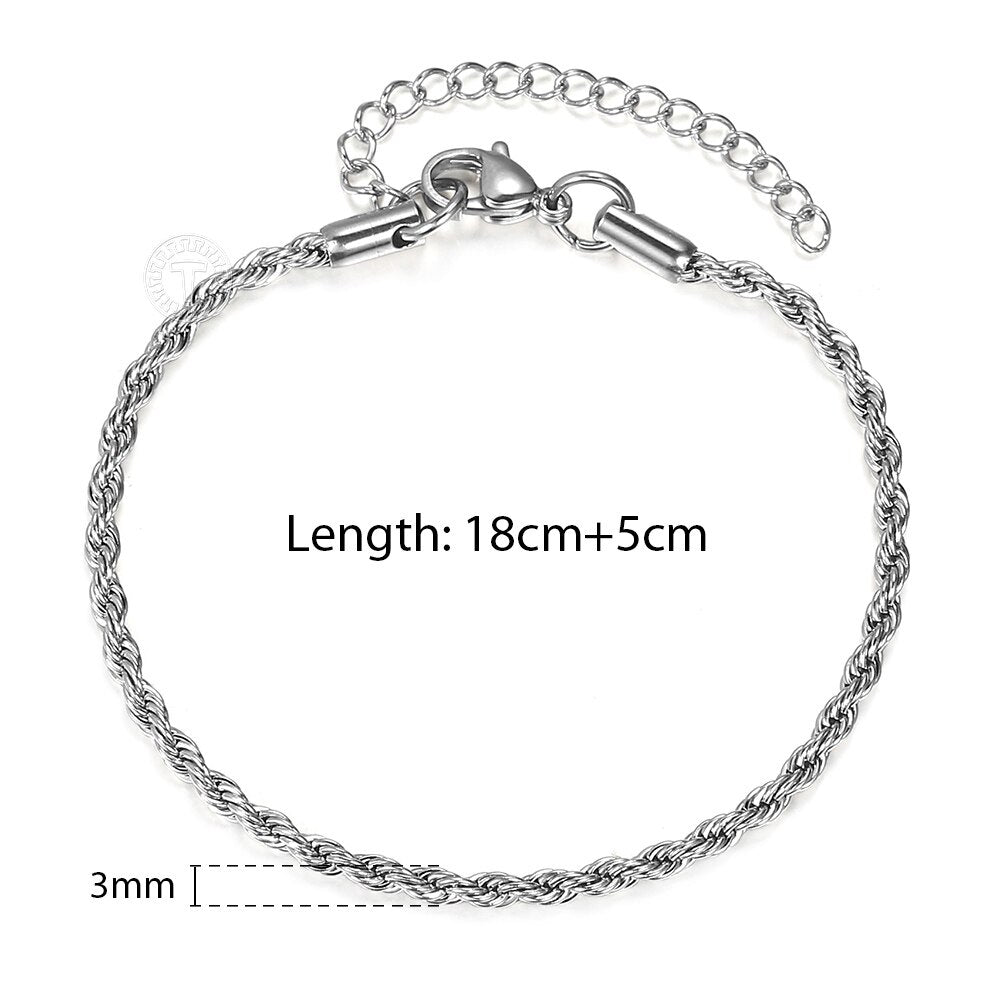 2/3/4/5mm Stainless Steel Twisted Rope Chain Bracelets for Women Men Fashion Punk Bangle Length Adjustable 18cm+5cm