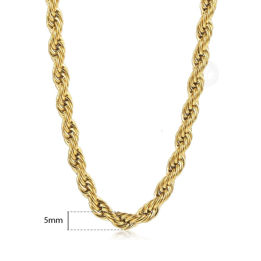 New Fashion Twisted Rope Link Chain Gold Color Stainless Steel Necklace for Men Unisex Chain Jewelry Gifts 22inch 3-7mm KNM178A