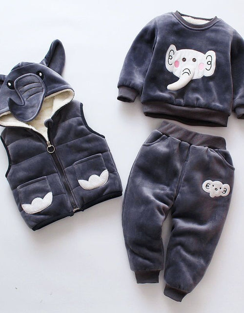 Load image into Gallery viewer, Baby Girls Clothing Set Autumn Winter Velvet Thick Warm Casual Hooded Sweater Cartoon Elephant 3Pcs Toddler Boys Clothes Suit
