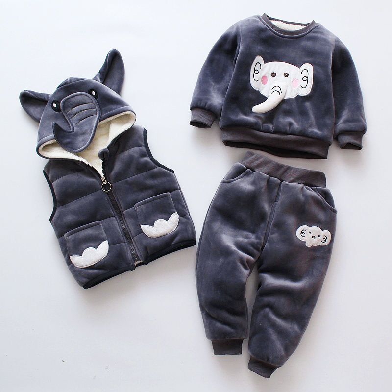 Baby Girls Clothing Set Autumn Winter Velvet Thick Warm Casual Hooded Sweater Cartoon Elephant 3Pcs Toddler Boys Clothes Suit