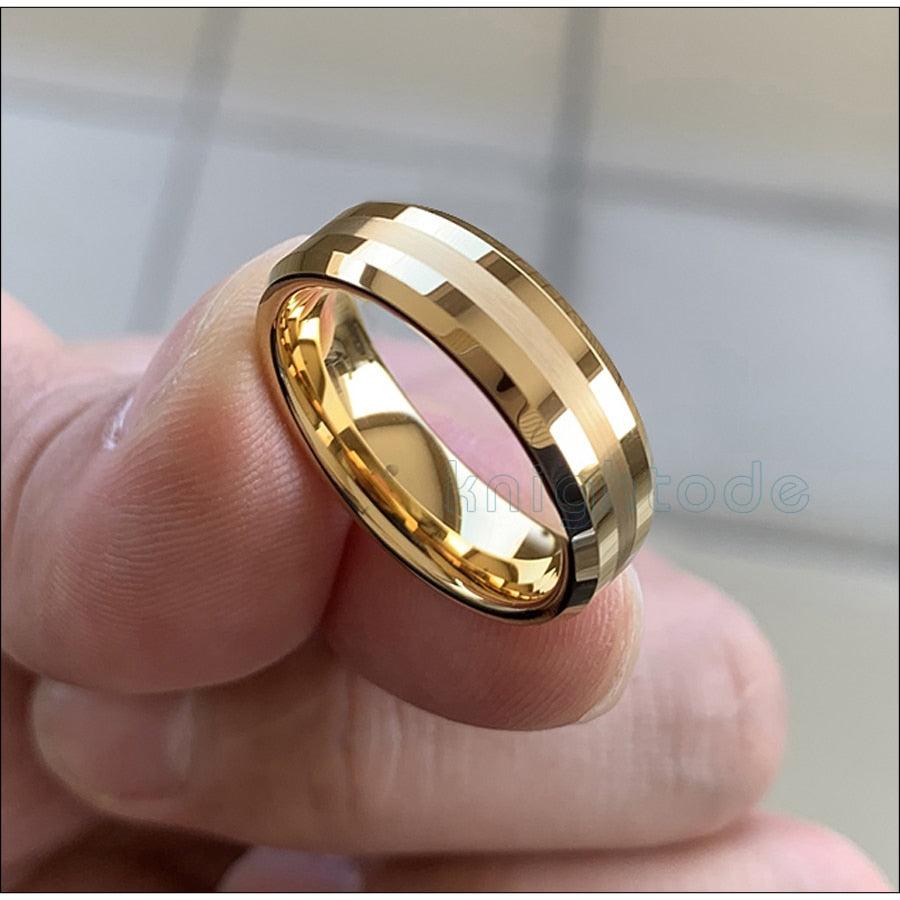 6mm 8mm Gold Tungsten Carbide Wedding Band For Men Women  Engagement Ring Center Brushed Beveled Edges Polished Comfort Fit