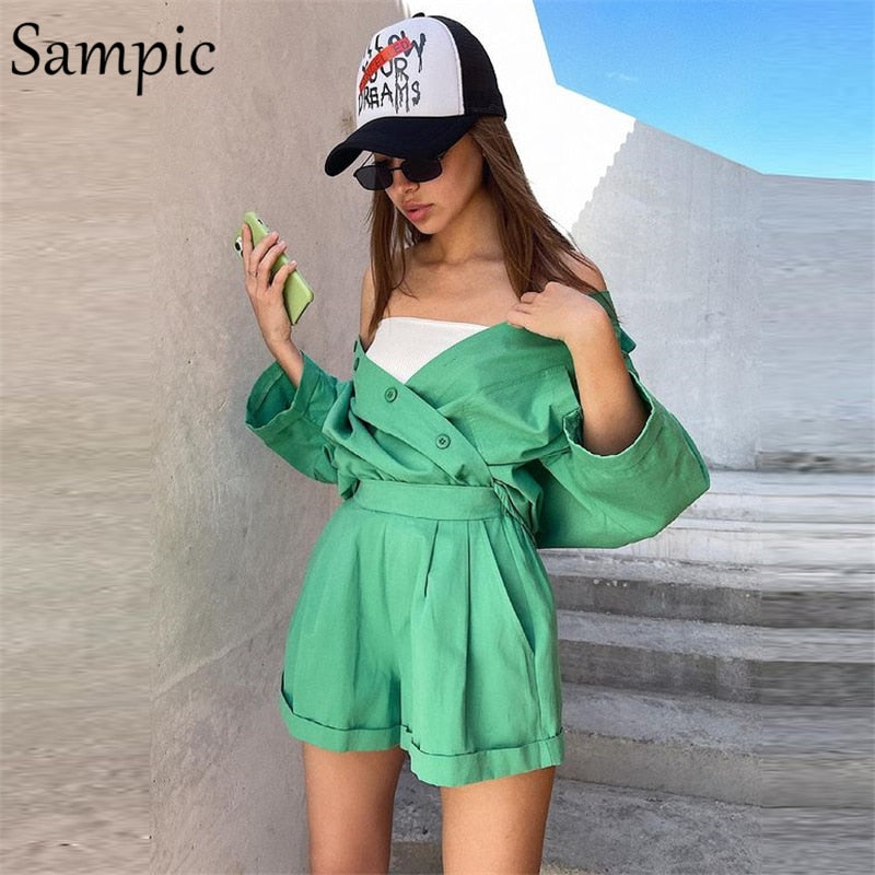 New Casual Summer Tracksuit Female Two Piece Set Solid Color Turn-Down Collar Short Sleeve Shirt Tops And Loose Mini Shorts Suit