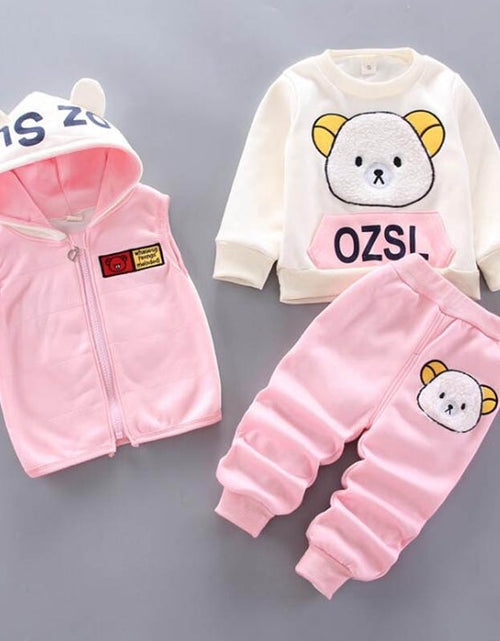 Load image into Gallery viewer, Baby Boys And Girls Clothing Set Tricken Fleece Children Hooded Outerwear Tops Pants 3PCS Outfits Kids Toddler Warm Costume Suit
