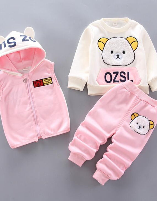 Load image into Gallery viewer, Baby Boys And Girls Clothing Set Tricken Fleece Children Hooded Outerwear Tops Pants 3PCS Outfits Kids Toddler Warm Costume Suit
