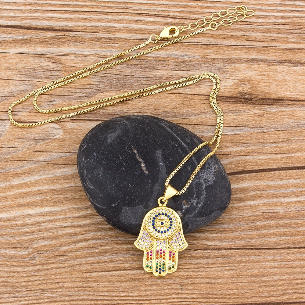 Hot Sale Women Men Hamsa Hand Necklace Gold Color Copper Zircon Evil Eye Pendant &amp; Chain Hip Hop Turkish Luck Jewelry