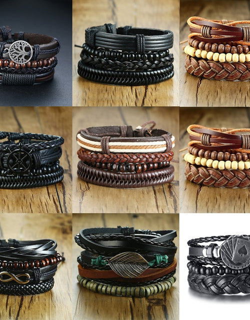 Load image into Gallery viewer, 4Pcs/ Set Braided Wrap Leather Bracelets for Men Vintage Life Tree Rudder Charm Wood Beads Ethnic Tribal Wristbands
