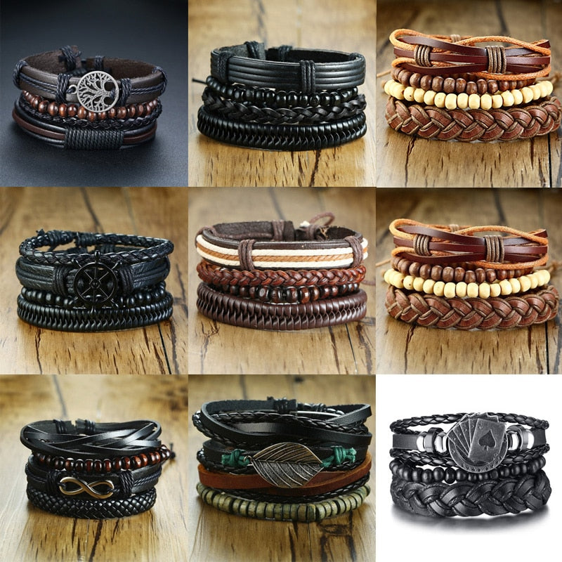 4Pcs/ Set Braided Wrap Leather Bracelets for Men Vintage Life Tree Rudder Charm Wood Beads Ethnic Tribal Wristbands