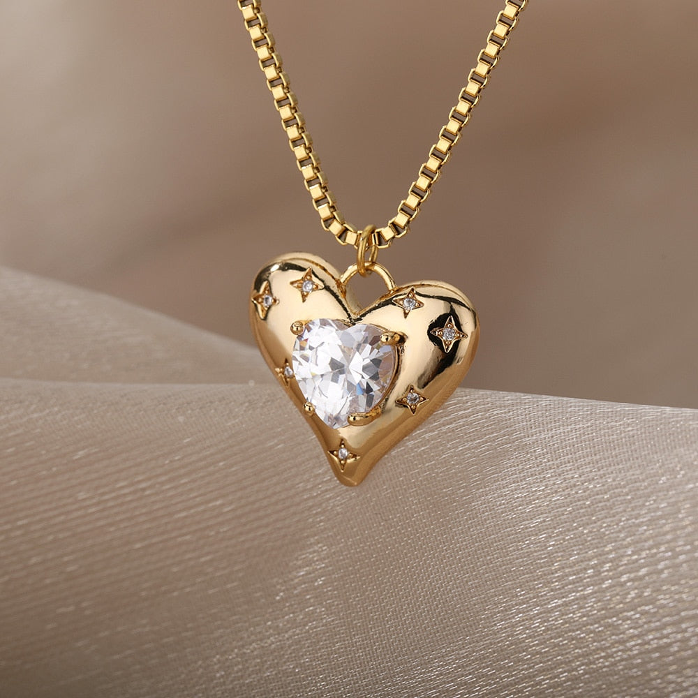 Heart Zircon Necklace for Women Stainless Steel Gold  Color Necklaces 2022 Trend Koeran Fashion Couple Jewelry collar