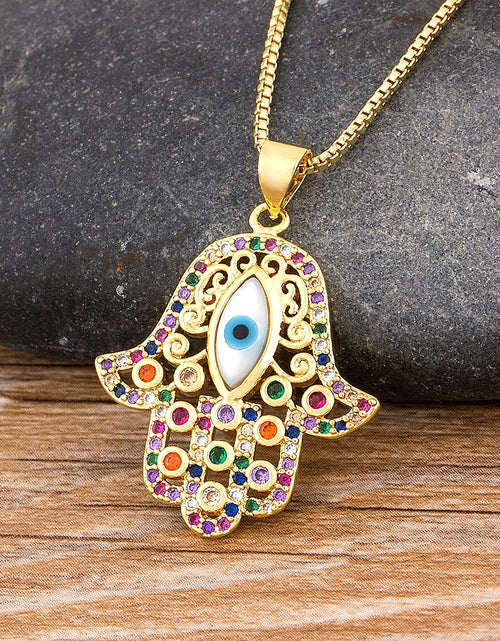 Load image into Gallery viewer, Hot Sale Women Men Hamsa Hand Necklace Gold Color Copper Zircon Evil Eye Pendant &amp; Chain Hip Hop Turkish Luck Jewelry
