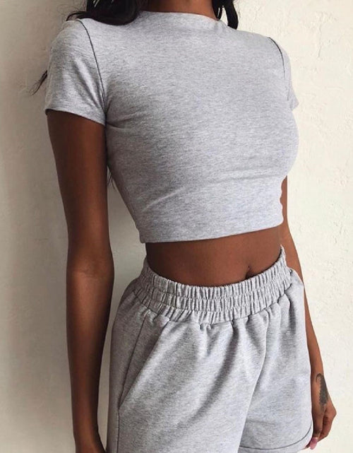 Load image into Gallery viewer, 2 Piece Set Women Summer O-Neck Casual Crop Top 2020 Female Clothing Tracksuit Pockets Loose Shorts Two Piece
