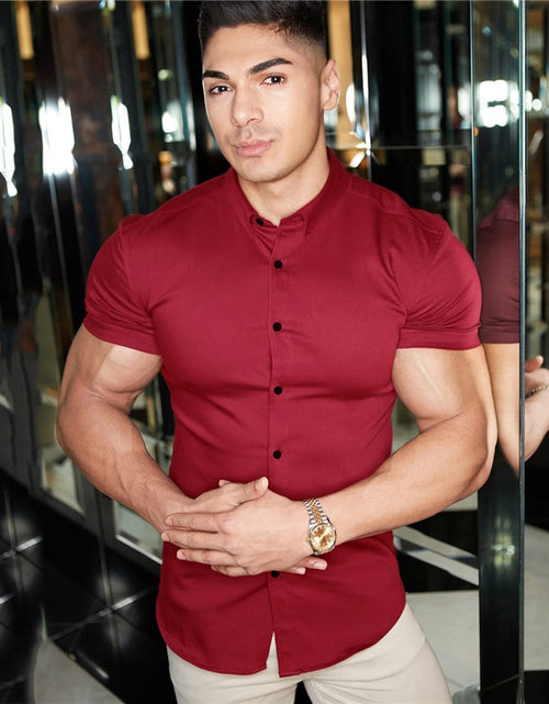 Load image into Gallery viewer, Summer Fashion Short Sleeve Shirt Men Super Slim Fit Male Casual Social Business Dress Shirt Brand Men Fitness Sports Clothing
