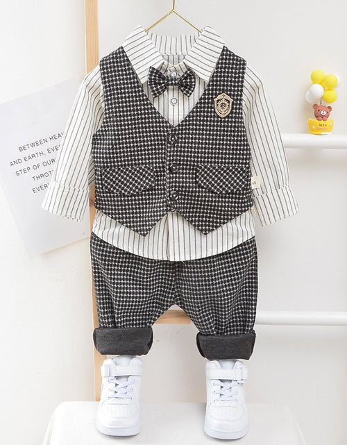 Load image into Gallery viewer, Children Kids Gentleman Clothing Suit Birthday Wedding Party Elegant Set Baby Boy Casual Wear Striped Shirt Vest Pants Costume
