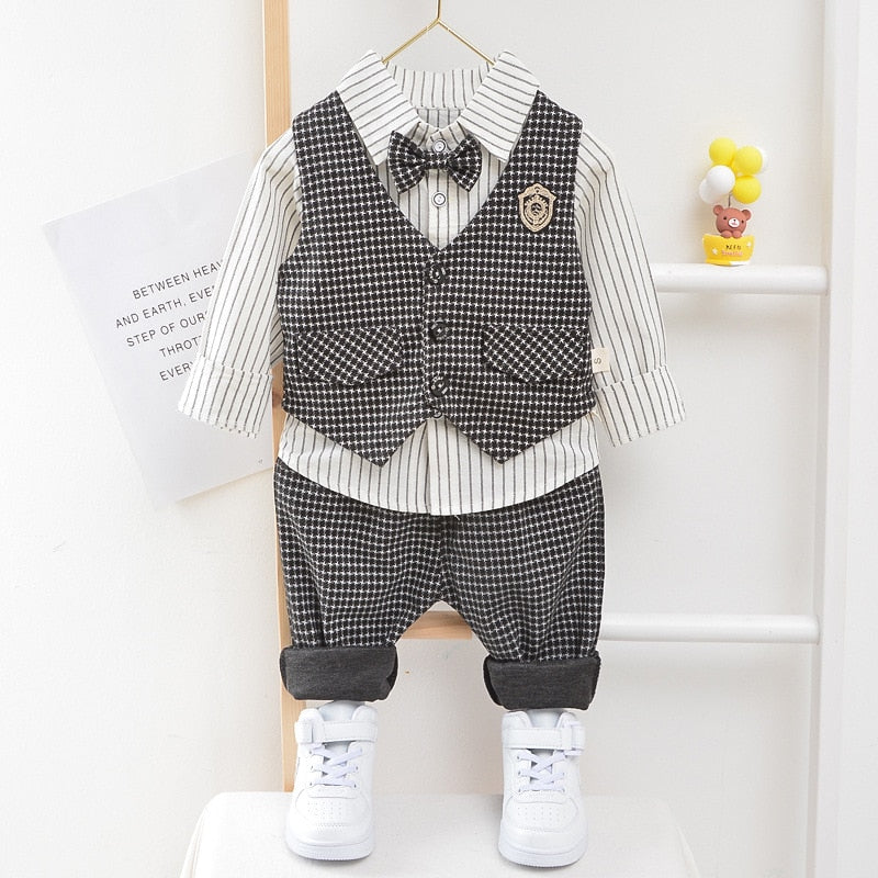 Children Kids Gentleman Clothing Suit Birthday Wedding Party Elegant Set Baby Boy Casual Wear Striped Shirt Vest Pants Costume