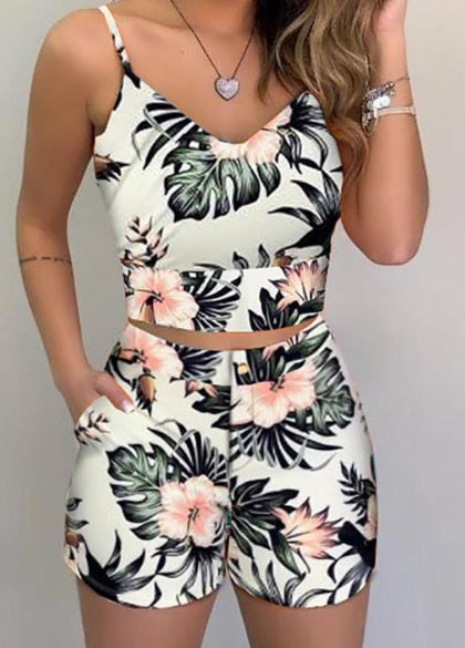 Load image into Gallery viewer, Summer Women Fashion 2-piece Outfit Set Sleeveless Print Top and Shorts Set for Ladies Women Party wear
