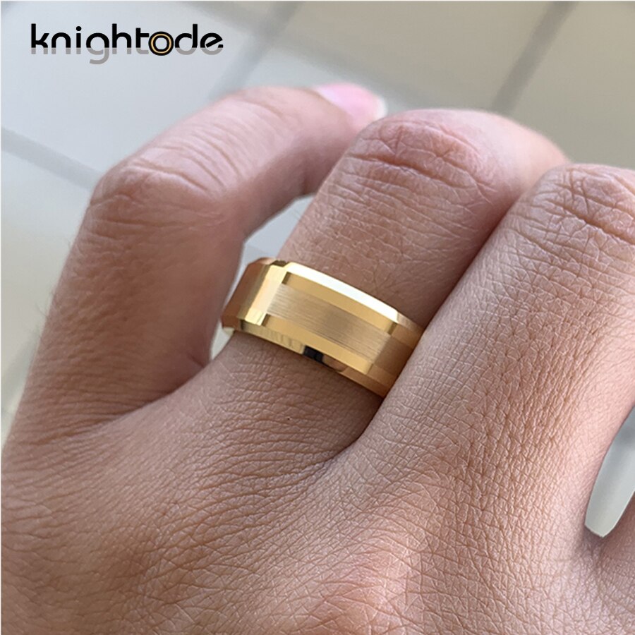 6mm 8mm Gold Tungsten Carbide Wedding Band For Men Women  Engagement Ring Center Brushed Beveled Edges Polished Comfort Fit