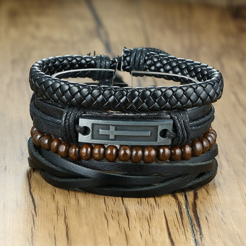 4Pcs/ Set Braided Wrap Leather Bracelets for Men Vintage Life Tree Rudder Charm Wood Beads Ethnic Tribal Wristbands