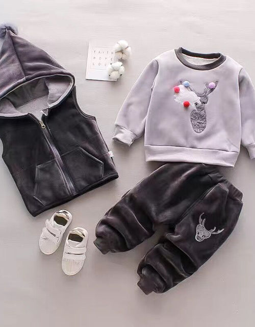 Load image into Gallery viewer, Baby Girls Clothing Set Autumn Winter Velvet Thick Warm Casual Hooded Sweater Cartoon Elephant 3Pcs Toddler Boys Clothes Suit
