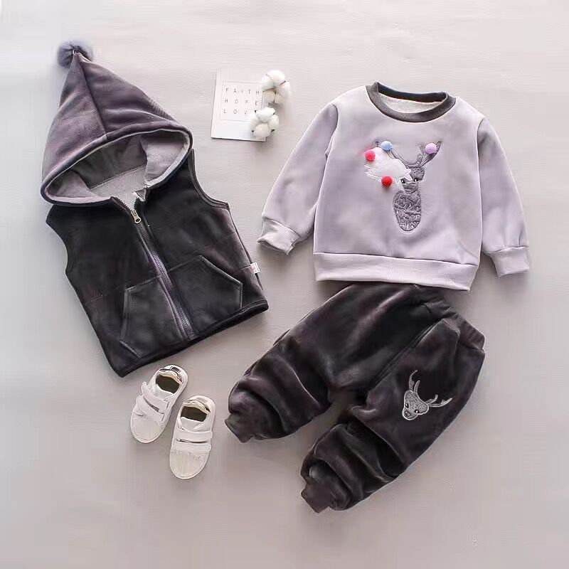 Baby Girls Clothing Set Autumn Winter Velvet Thick Warm Casual Hooded Sweater Cartoon Elephant 3Pcs Toddler Boys Clothes Suit