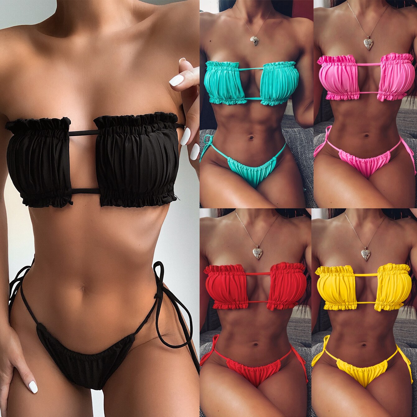 Sexy Bikini 2021 Pleated Bandeau Swimsuit Female Swimwear WomenThong Bikini Set Bather Swimming Beachwear for Bathing Suit