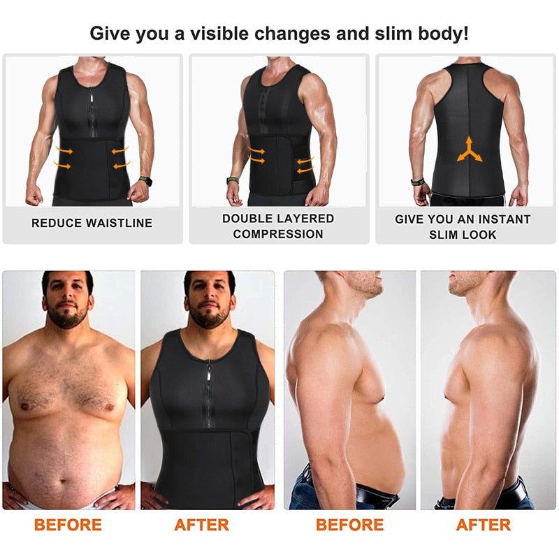 Neoprene Sauna Workout Suit Men Waist Trainer Corset Slimming Vest Zipper Body Shaper with Adjustable Tank Top Faja Shapewear