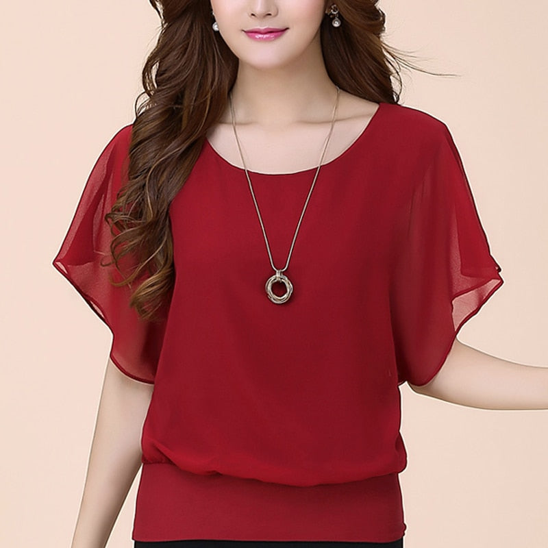 Casual Women Chiffon Blouse Female Solid Short Sleeve Ruffle Batwing Short Shirt Summer Beach Plus Size