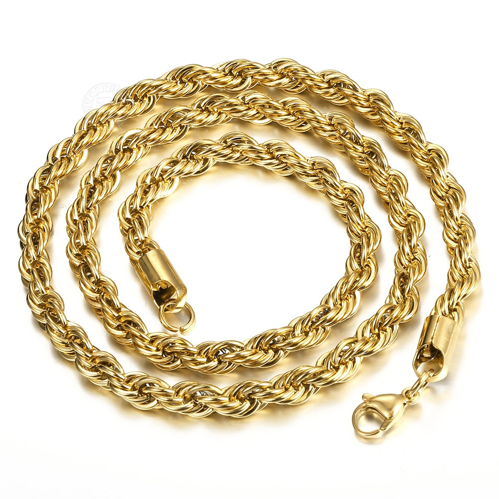 New Fashion Twisted Rope Link Chain Gold Color Stainless Steel Necklace for Men Unisex Chain Jewelry Gifts 22inch 3-7mm KNM178A