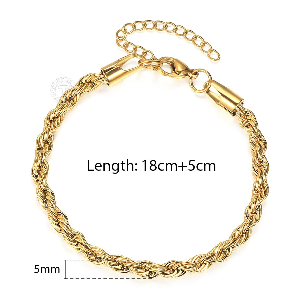 2/3/4/5mm Stainless Steel Twisted Rope Chain Bracelets for Women Men Fashion Punk Bangle Length Adjustable 18cm+5cm