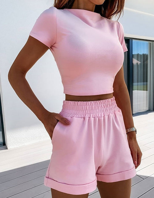 Load image into Gallery viewer, 2 Piece Set Women Summer O-Neck Casual Crop Top 2020 Female Clothing Tracksuit Pockets Loose Shorts Two Piece
