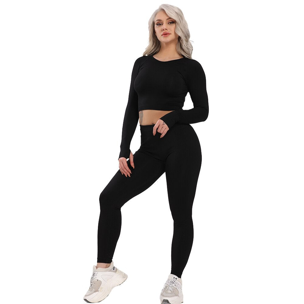 Seamless Yoga Set Fitness Women&#39;s Tracksuit Female Long Sleeve Crop Top High Waist Sports Leggings Workout Suits Gym Sportswear