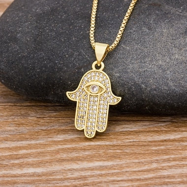 Load image into Gallery viewer, Hot Sale Women Men Hamsa Hand Necklace Gold Color Copper Zircon Evil Eye Pendant &amp; Chain Hip Hop Turkish Luck Jewelry
