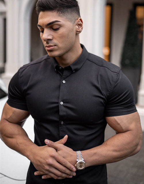 Load image into Gallery viewer, Summer Fashion Short Sleeve Shirt Men Super Slim Fit Male Casual Social Business Dress Shirt Brand Men Fitness Sports Clothing
