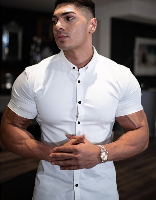 Load image into Gallery viewer, Summer Fashion Short Sleeve Shirt Men Super Slim Fit Male Casual Social Business Dress Shirt Brand Men Fitness Sports Clothing
