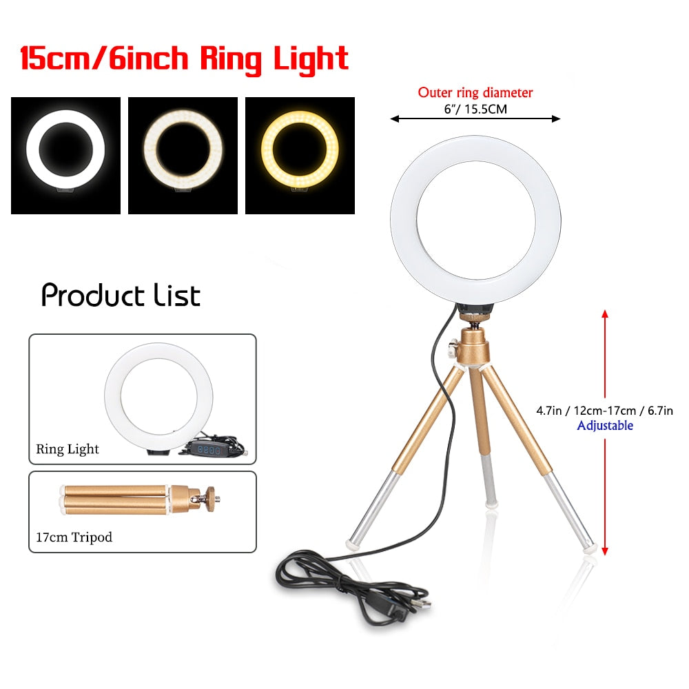 16cm 6 inch Ring Light With Tripod Stand Usb Charge Selfie Led Lamp Dimmable Photography Light For Photo Photography Studio