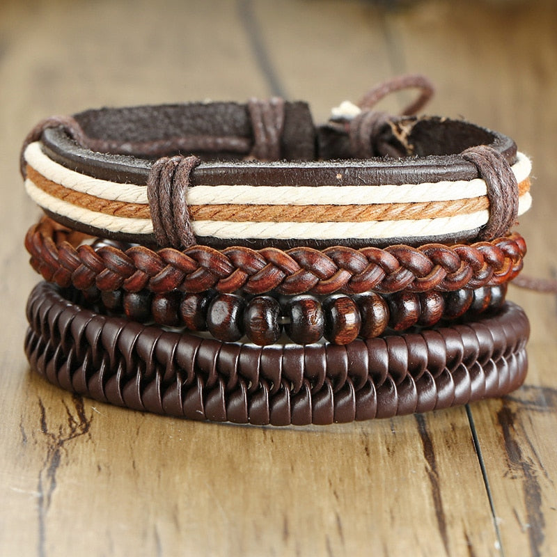 4Pcs/ Set Braided Wrap Leather Bracelets for Men Vintage Life Tree Rudder Charm Wood Beads Ethnic Tribal Wristbands