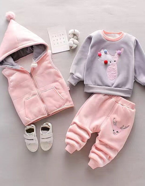 Load image into Gallery viewer, Baby Girls Clothing Set Autumn Winter Velvet Thick Warm Casual Hooded Sweater Cartoon Elephant 3Pcs Toddler Boys Clothes Suit
