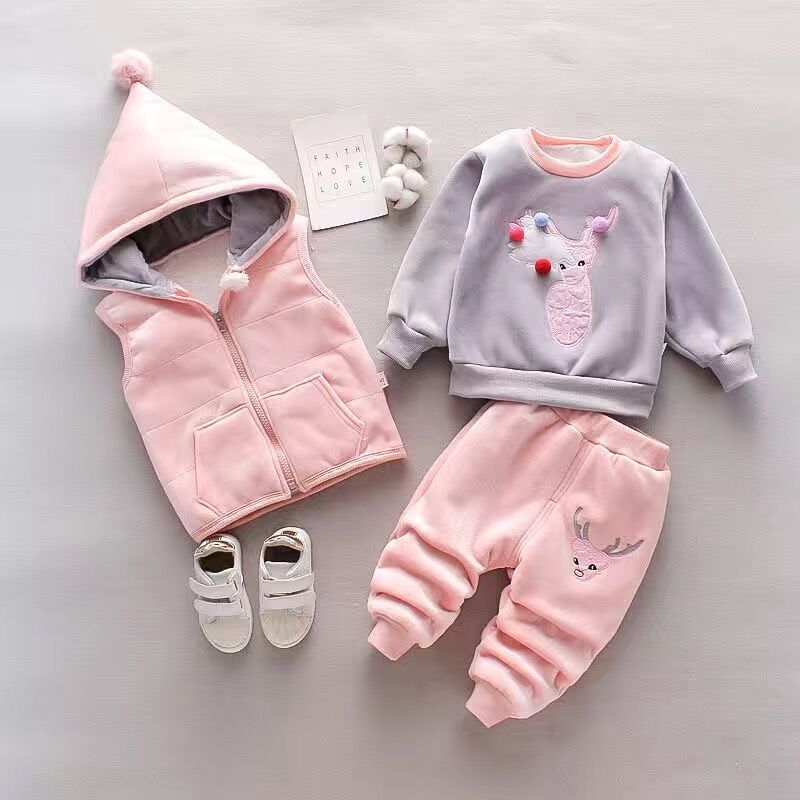 Baby Girls Clothing Set Autumn Winter Velvet Thick Warm Casual Hooded Sweater Cartoon Elephant 3Pcs Toddler Boys Clothes Suit