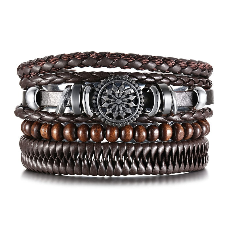 4Pcs/ Set Braided Wrap Leather Bracelets for Men Vintage Life Tree Rudder Charm Wood Beads Ethnic Tribal Wristbands