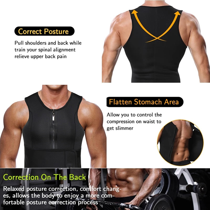 Neoprene Sauna Workout Suit Men Waist Trainer Corset Slimming Vest Zipper Body Shaper with Adjustable Tank Top Faja Shapewear