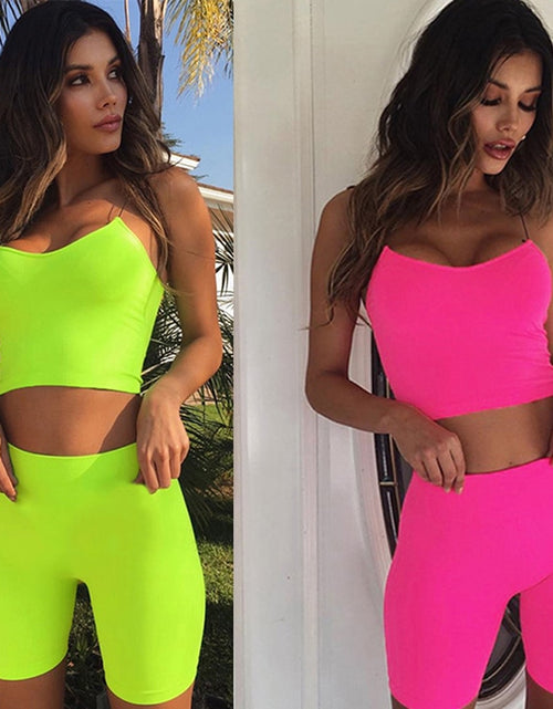 Load image into Gallery viewer, 2023 Summer Women Neon Color Two Pieces Set Off Shoulder Hollow Out Crop Top Elastic High Waist Shorts Outfit Tracksuit
