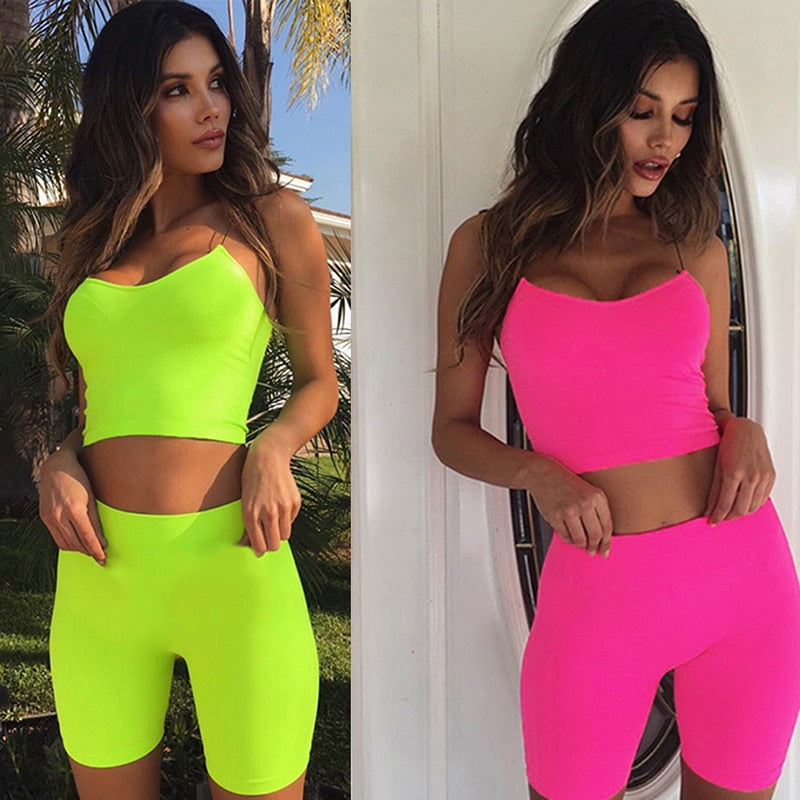 2023 Summer Women Neon Color Two Pieces Set Off Shoulder Hollow Out Crop Top Elastic High Waist Shorts Outfit Tracksuit