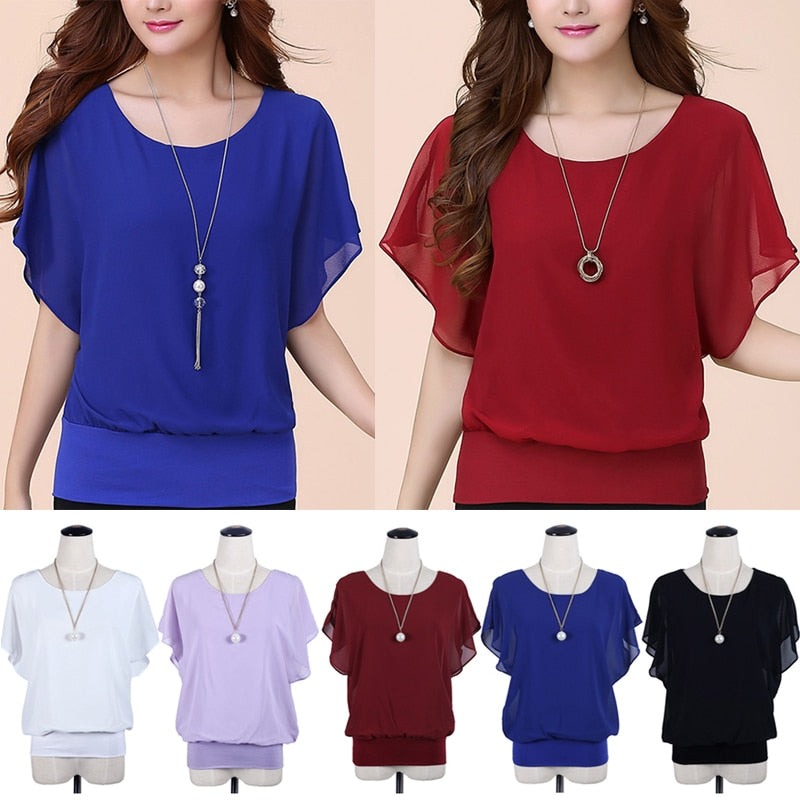 Casual Women Chiffon Blouse Female Solid Short Sleeve Ruffle Batwing Short Shirt Summer Beach Plus Size