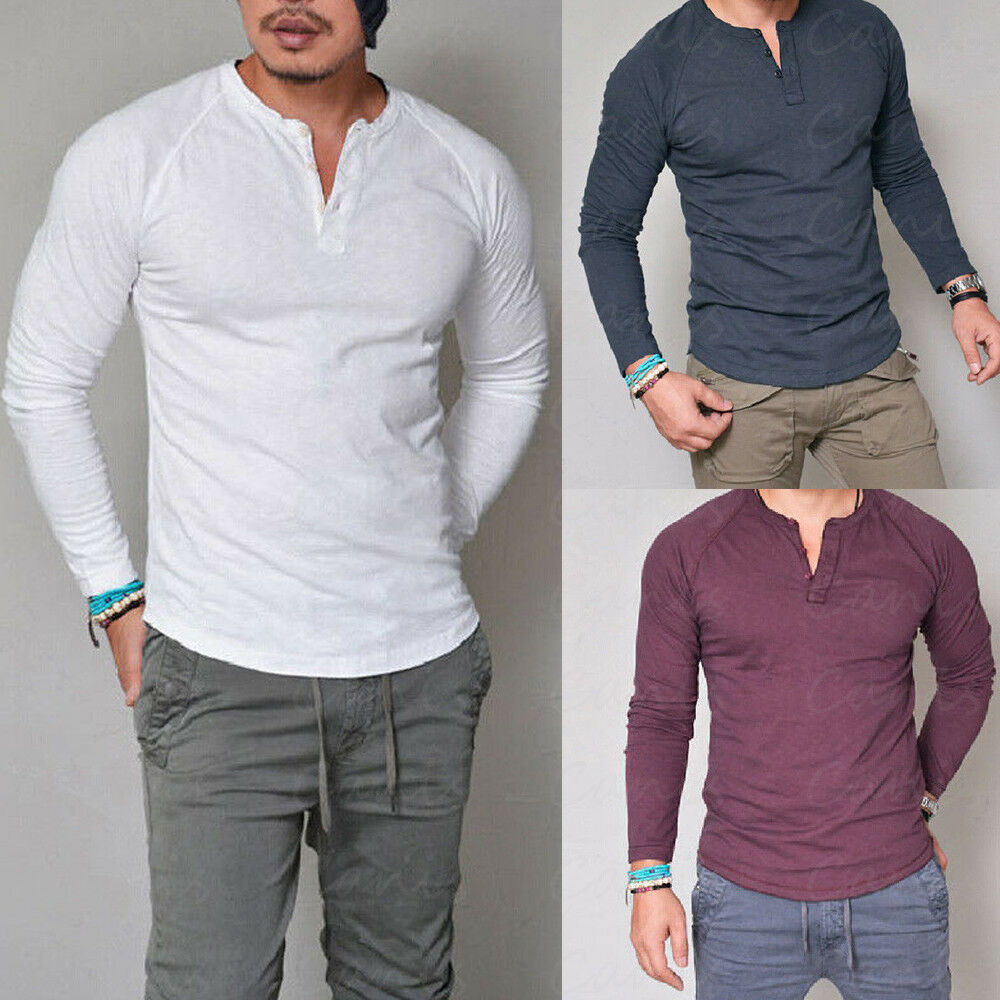 Summer Men&#39;s Slim Fit V neck Short T-shirts Casual Tops Solid Long Sleeve Muscle Tee Daily wear Tops