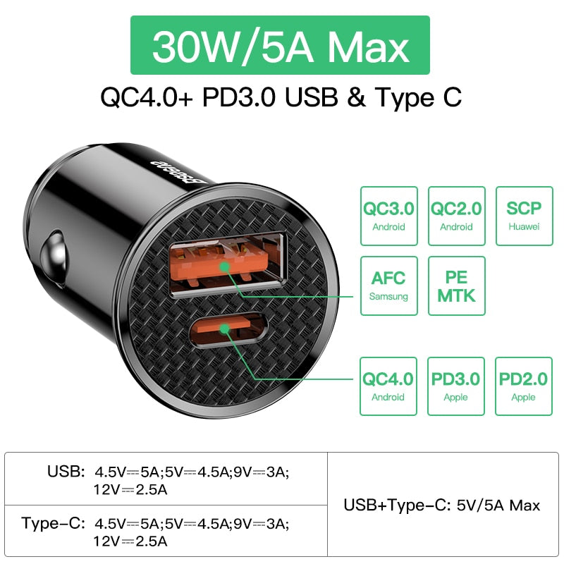 30W USB Car Charger Quick Charge 4.0 3.0 FCP SCP USB PD For Xiaomi iPhone 12 13 14 Pro Fast Charging Car Phone Charger